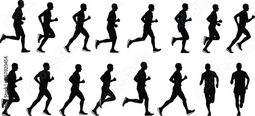 A collection of black silhouettes showing a man in various stages of running and jogging motions Vector