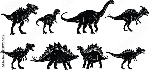 A collection of black dinosaur silhouettes isolated on white background for design and education Vector