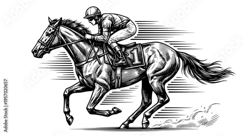 Jockey riding a racing horse with number one on saddle