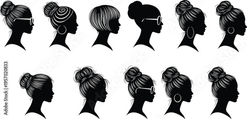 A collection of ten elegant female silhouette portraits featuring various stylish hair bun designs Vector