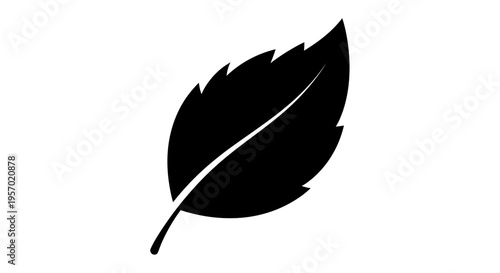 Elegant minimalist black silhouette illustration of a single vibrant leaf, symbolizing nature, organic growth, freshness, and ecological themes