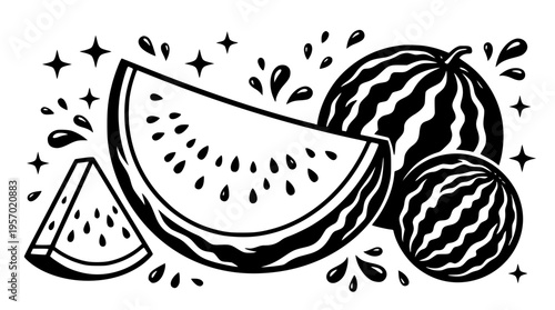 Black and white vector illustration of watermelon slices and fruits