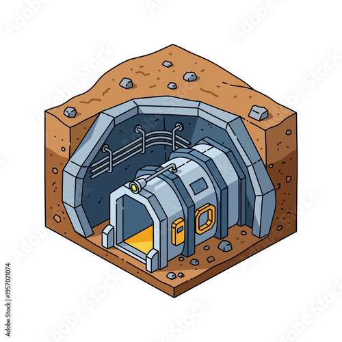Isometric View of Underground Bunker Entrance with Futuristic Design.