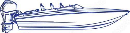 Speedboat illustration with outboard motor, side view, clean line art.