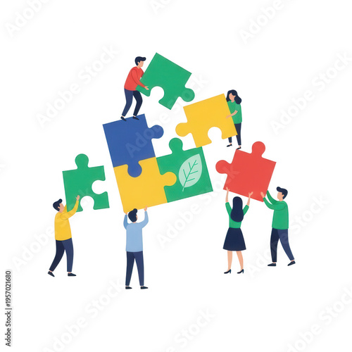 People putting together colorful puzzle pieces isolated on transparent background