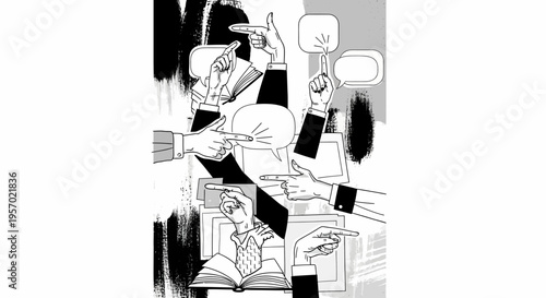 Abstract Hands Pointing with Speech Bubbles and Books