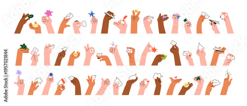 Hands holding heart, speech bubble, star, emoji, message. Giving feedback, sharing opinion, emotion. Communication arm gestures, signs. Flat vector illustrations set isolated on white background