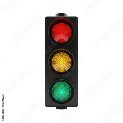 A traffic light with red, yellow and green lights isolated on transparent background