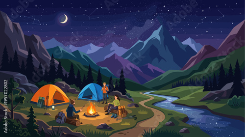A cozy campsite with tents and a campfire under a starry night sky with constellations and a crescent moon, surrounded by majestic mountains and a flowing river.