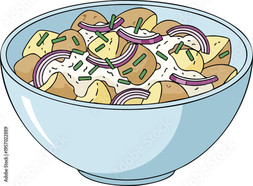Delicious Potato Salad with Red Onions and Chives in a Bowl.
