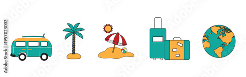 Summer Vacation, icon set. Travel, vacation on the beach. Suitcase, Umbrella, Flip Flops, Inflatable Flamingo Ring, Coconut Cocktail, Sunscreen, Vector illustration.