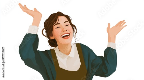 Happy woman waving with joyful expression