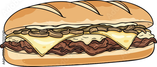 Delicious Philly Cheesesteak Sandwich with Melted Cheese and Sauted Onions.