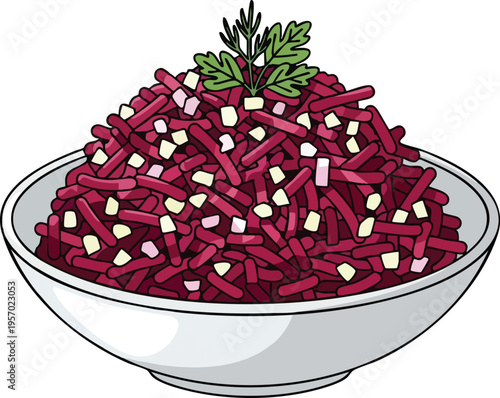 Delicious Beetroot Salad in a White Bowl with Fresh Dill Garnish.