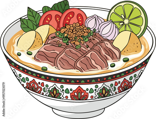 Delicious Bowl of Beef Soto Soup with Fresh Ingredients.