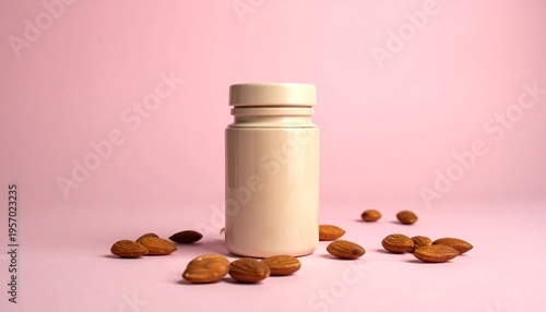 A minimalist composition featuring a beige bottle surrounded by almonds on a pink background.