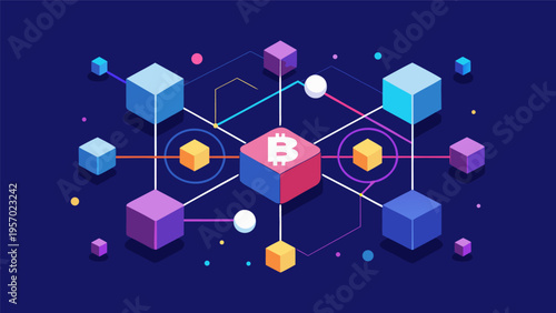 Bitcoin blockchain network technology concept. Isometric cryptocurrency mining, digital asset trading, and decentralized finance (DeFi) data visualization. Vector illustration.