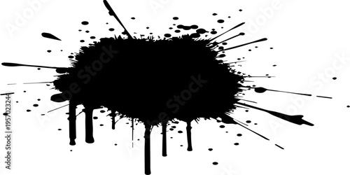 Black ink splat background featuring grunge paint splatter and liquid drip textures with artistic brush stroke blots and spray stain design elements on a white vector illustration silhouette