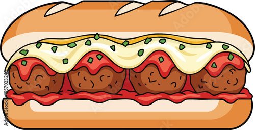 Delicious Meatball Sub Sandwich with Melted Cheese and Marinara Sauce.