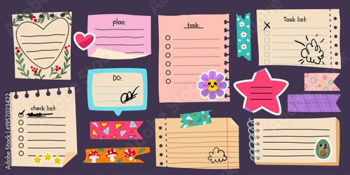 Cute memo paper frames with colorful stickers and doodle elements, cartoon vector set of illustrations. School notebook pages, diary sheets, and decorative tape for kids journals and planners.