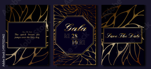 Elegant gala invitations set with abstract gold pattern, decorative frame on purple background. Vector realistic illustration of VIP card with shiny lines, premium border design for celebration