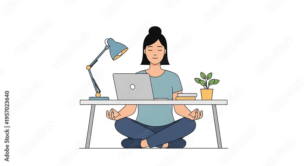 Fototapeta premium Woman meditating with laptop on desk.