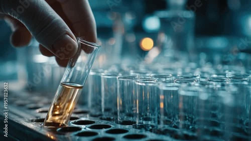 Precision in Science: A gloved hand delicately holds a test tube filled with a golden liquid amidst a row of identical tubes, the image evokes scientific precision and investigation.