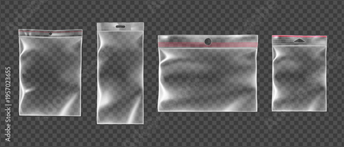 Realistic set of plastic zip bags isolated on transparent background. Vector illustration of empty vinyl ziplock packages, resealable cellophane polybag for food products, blank waterproof envelope