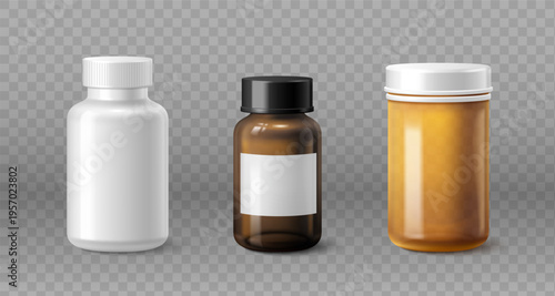 Plastic bottle mockup with cap for supplements, vitamins, or pharmaceutical products. 3D realistic vector srt of illustrations isolted on transparent background, container design, glass medicine jar