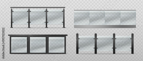 Modern glass balcony railing with black and silver metal frame and transparent panels, realistic 3D vector illustrations isolated on background. Balustrade for terrace, office building or pool barrier