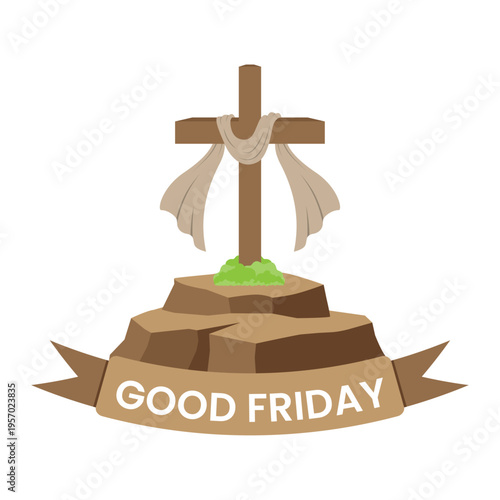 Good Friday illustration with Cross elements and cloth on top of stacked rocks