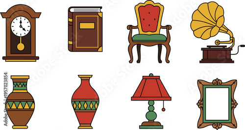 Antique Furniture and Vintage Decor Icon Set with Classic Clock, Gramophone, Armchair, Books, Vases, Lamp, and Frame for Retro Interior Design and Home Styling