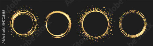 Set of golden ring frames with bokeh light effects isolated on black background. Vector realistic illustration of sparkling yellow particles glowing on dark, magic shimmering dust circle, halo ring