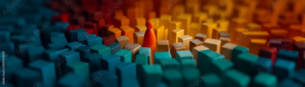 Obraz premium Wealth and Poverty Mindset. Balance in Chaos and Order: Financial Mindset Symbolized by Colorful Wooden Figurine in Cinematic Ad