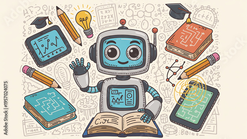 Cute robot character surrounded by educational elements like books tablets and pencils representing learning and technology in a fun illustrated style