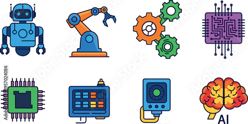 Artificial Intelligence and Robotics Icon Set with Robot, Automation Arm, Microchip, AI Brain, Machine Learning, and Technology Symbols for Innovation and Digital Industry Design
