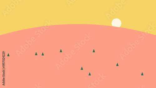 Vector sunset landscape with hills and trees