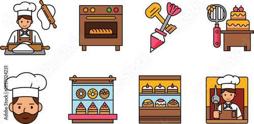 Bakery and Pastry Chef Icon Set with Baking Tools, Oven, Cupcakes, Donuts, Cake Display, and Baker Characters for Cooking, Dessert Shop, and Food Design Projects