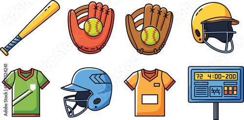 Baseball and Softball Icon Set with Bat Gloves Ball Helmets Jerseys and Scoreboard Equipment Flat Vector Illustration Collection