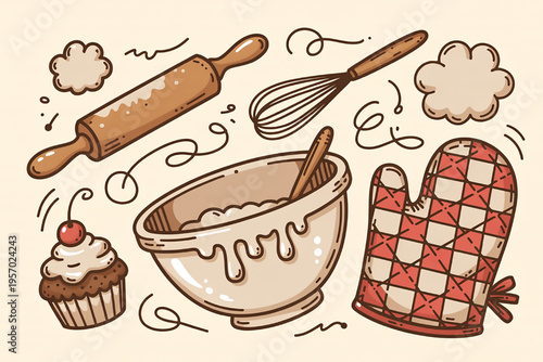 Hand-drawn baking illustration featuring a cupcake rolling pin whisk mixing bowl with batter and oven mitt perfect for culinary blogs and recipe websites