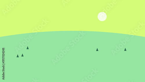 Vector landscape illustration with green hills and sun