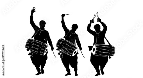 Three Indian dhol players in traditional Punjabi attire dancing with drums on white background