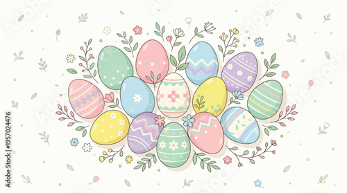 Pastel Easter Eggs Vector Illustration with Spring Flowers and Leaves for Holiday Design
