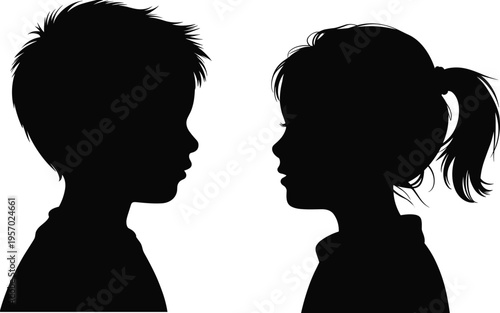 Black silhouette profile of a young boy and girl facing each other on white background vector illustration for childhood concept design.