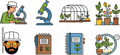 Botany and Plant Research Icon Set with Scientist Microscope Greenhouse Notebook Growth Study and Nature Elements Flat Vector Illustration Collection