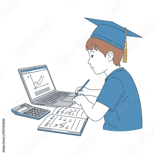 Young student in graduation cap learning online with laptop, calculator and notebook