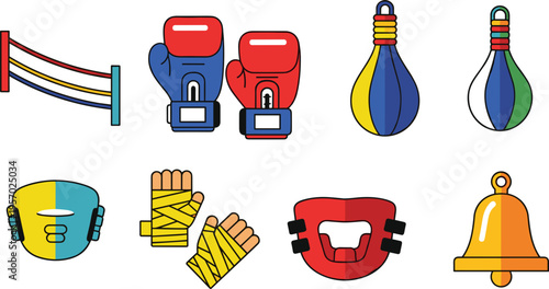 Boxing and Training Equipment Icon Set with Gloves, Punching Bag, Headgear, Hand Wraps, Ring Ropes and Combat Sports Illustration