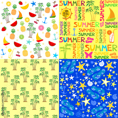 Set of 4 seamless pattern. For summer beach sea sun textiles and digitals. Summer Vibes. Seamless pattern. Pool shoes background.  Good for textile fabric design, wrapping paper, website wallpapers,