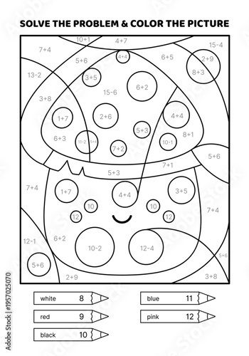 Solve the problem, color the picture. Kawaii amanita. Black and white. Coloring book. Addition, Subtraction. Coloring book. Isolated vector illustration eps 10