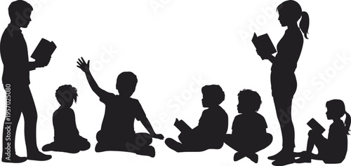 Black silhouettes of children sitting and standing in a classroom setting while reading books and raising hands for primary education.